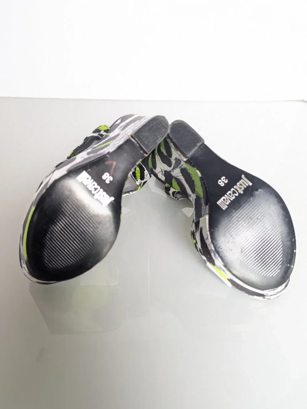 Just Cavalli Y2K Neon Black White Animal Print Open Toe Wedge Heels Size 38